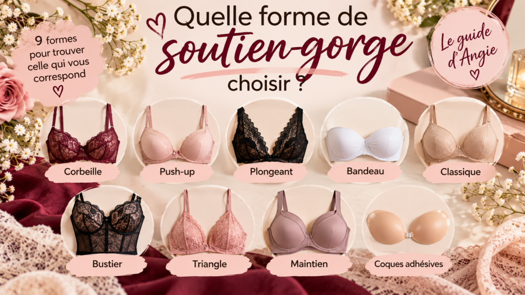Les 9 formes de soutien-gorge : corbeille, push-up, plongeant, bandeau, classique, bustier, triangle, maintien et coques adhésives